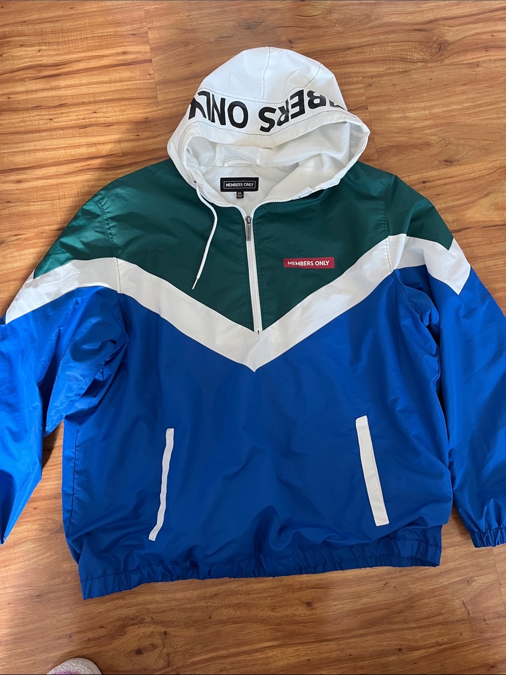 Members Only Blue & Green Colorblock Pullover Windbreaker with White Hood
